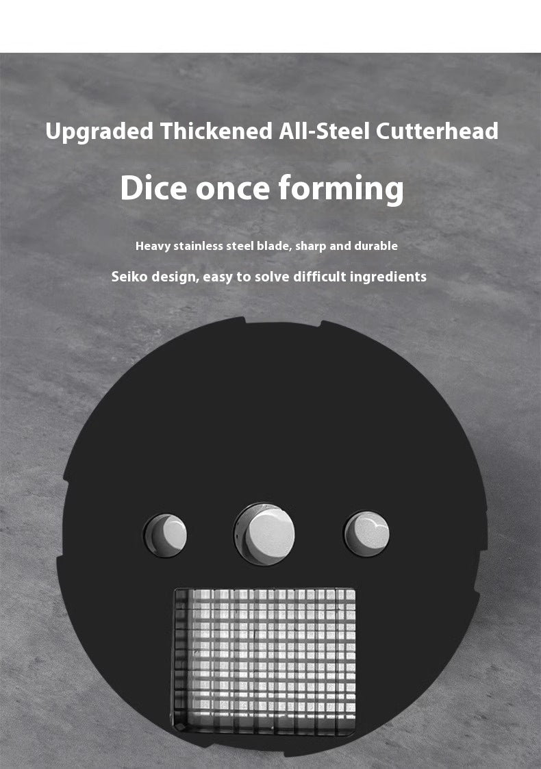 CJ commercial vegetable cutter with multiple blades for dicing and slicing, featuring a sleek, stainless steel design.