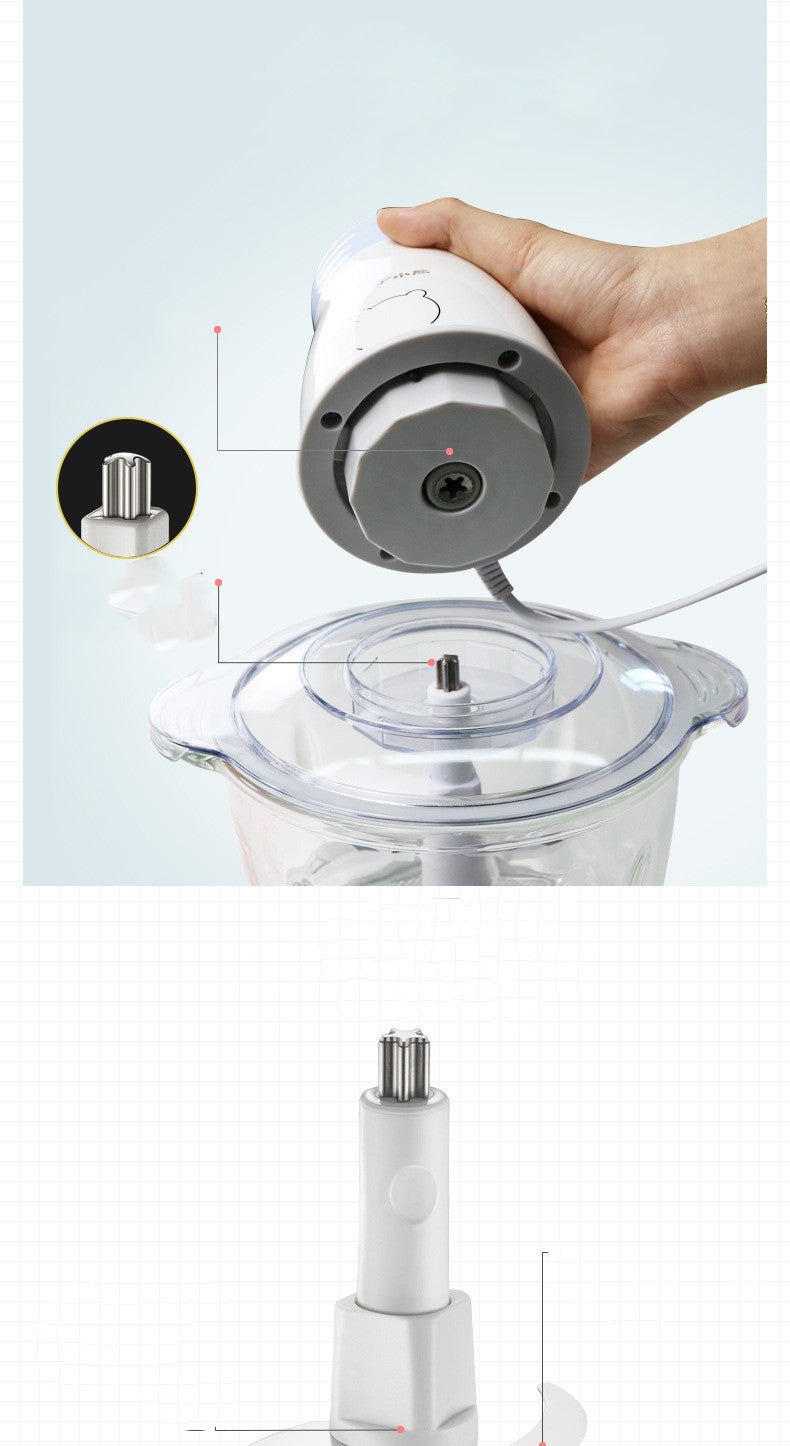 CJ household electric vegetable chopper and blender, compact multi-function cooking machine with stainless steel blades and control buttons.