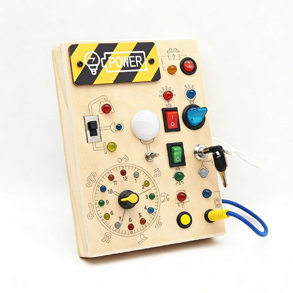 CJ Montessori Wooden Busy Board for Toddlers, sensory activity and fidget toy with colorful interactive features.