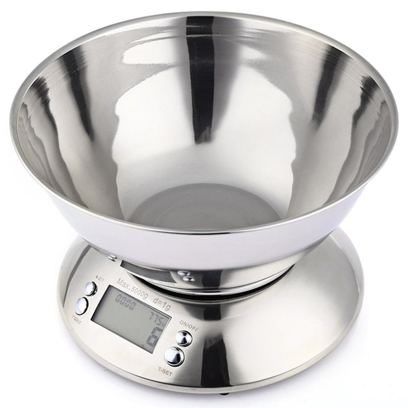 CJ stainless steel kitchen scale with digital display, compact design, and precise measurement for cooking and baking.