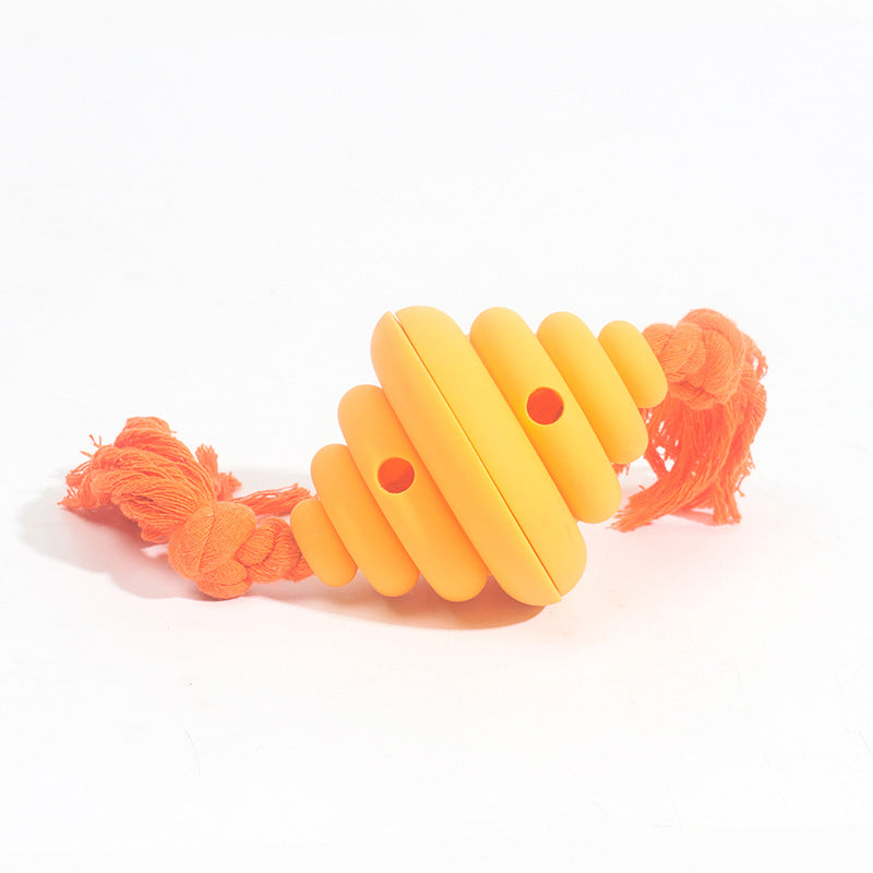 CJ dog ball with rope toy, a durable chew and training toy for large dogs, featuring a knot design and food-leaking features.