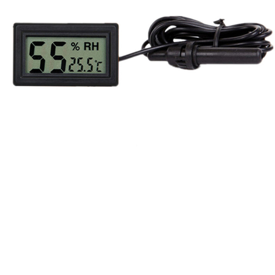 CJ embedded digital thermometer and hygrometer with probe showing a close-up of the device displaying temperature and humidity readings.