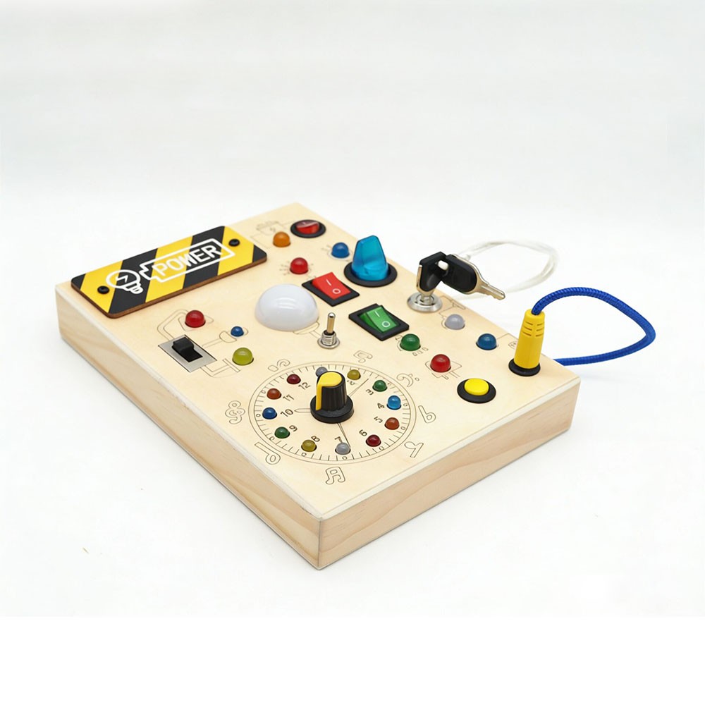 Colorful Montessori wooden busy board for toddlers by CJ featuring sensory, fidget, and activity toys for early learning.