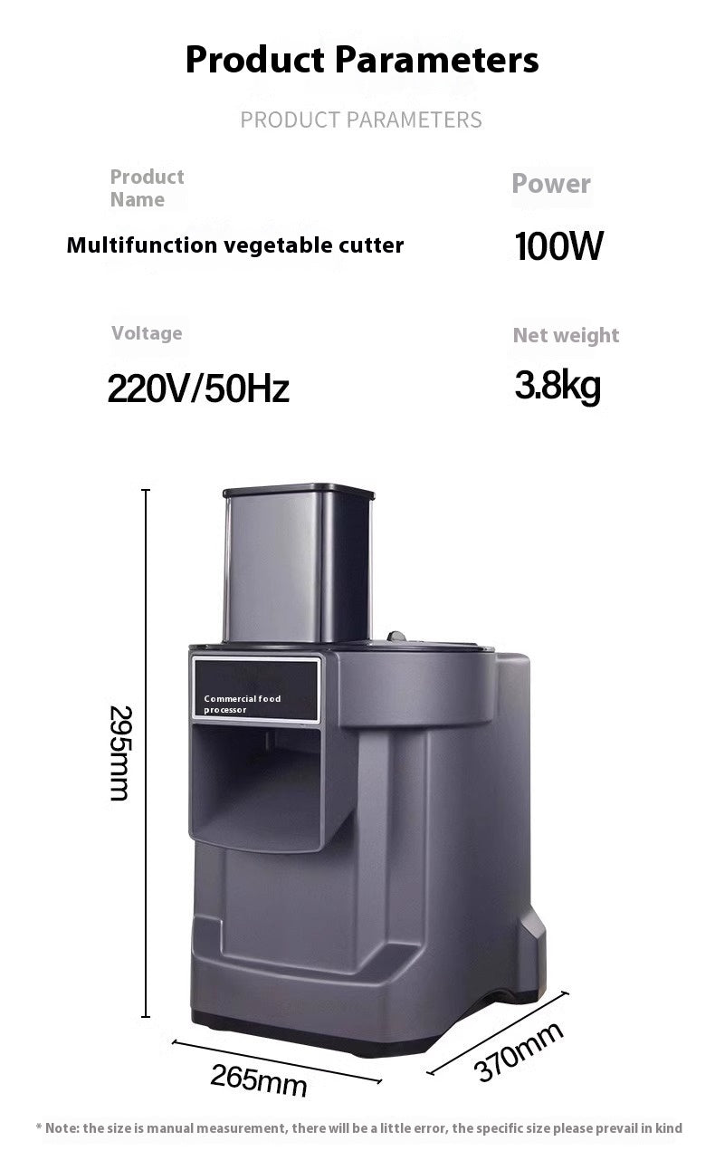 Commercial CJ vegetable cutter showing dicing and slicing blades for multi-function food preparation in a professional kitchen.