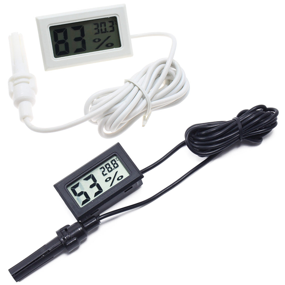 CJ embedded digital thermometer and hygrometer with probe showing display of temperature and humidity readings.