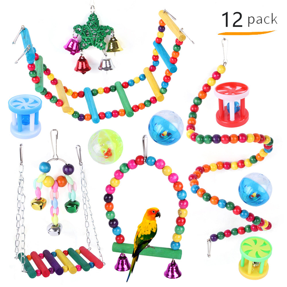 Colorful personalized pet bird toy suit by CJ, designed for entertainment and enrichment for small pet birds.