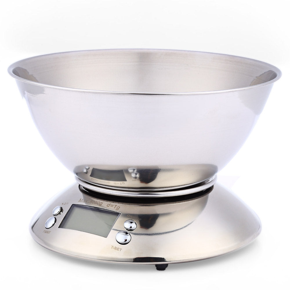 CJ stainless steel kitchen scale with digital display and sleek design for precise weight measurements.