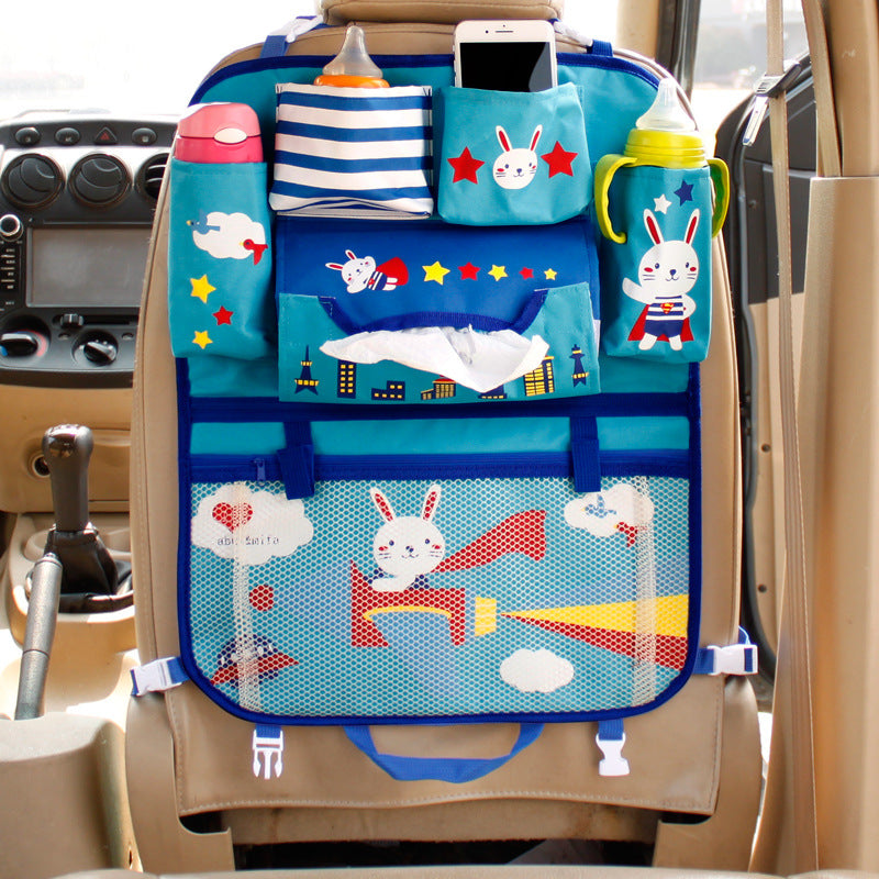 Cute cartoon car storage bag by CJ with multiple compartments for organizing toys and essentials.