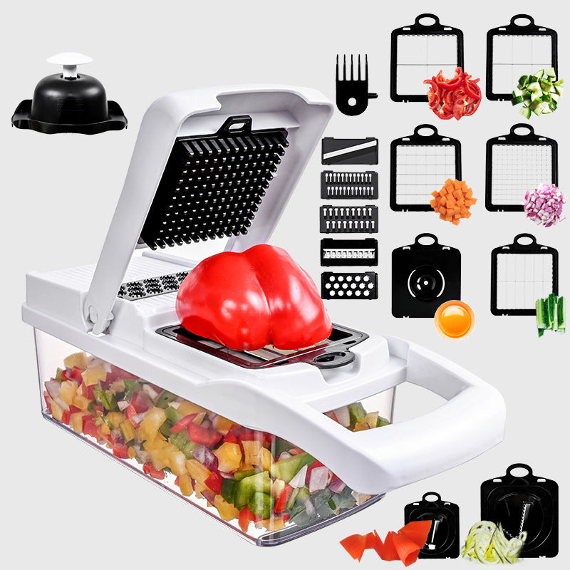 CJ multi-function vegetable chopper with stainless steel blades and colorful plastic body, used for slicing and dicing vegetables.