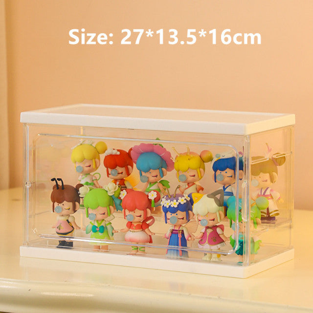 Clear acrylic blind box showcase display case for garage kits, featuring multiple compartments and a sleek, transparent design by CJ.