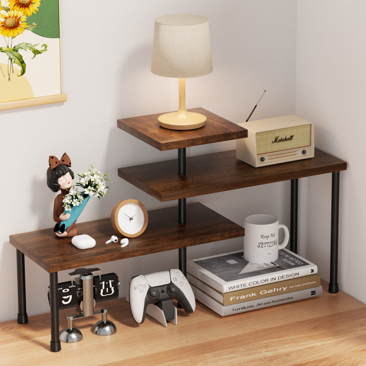 Multi-layer wooden kitchen spice storage rack by CJ with multiple shelves for organizing spices and kitchen essentials.