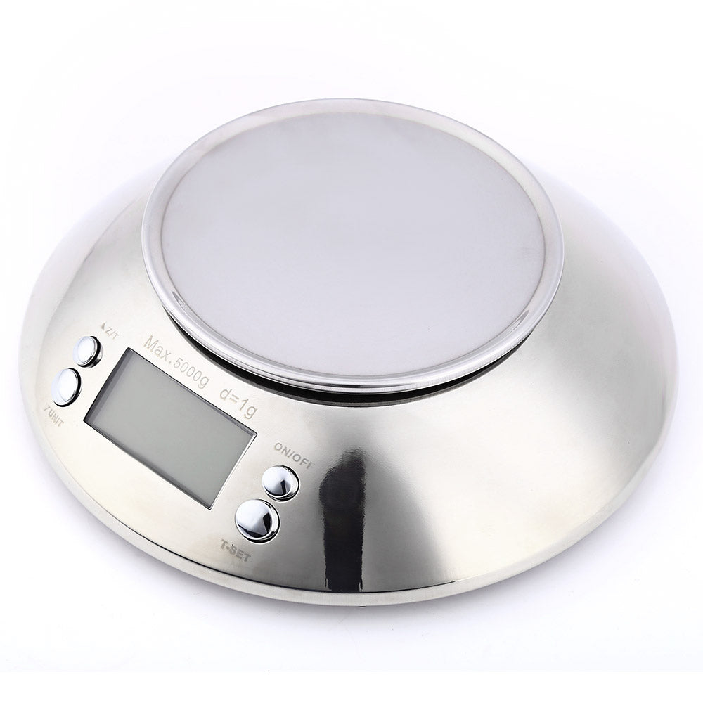CJ stainless steel kitchen scale with digital display and sleek flat surface for accurate food measurements