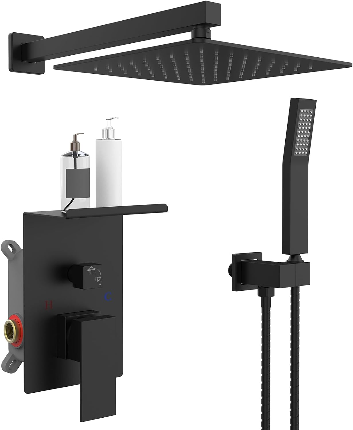 CJ rainwater shower system with storage rack, featuring a sleek chrome finish and multiple shower heads for a modern bathroom.