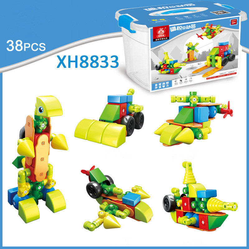 CJ Pure Magnetic Building Blocks assembling toys with large particles, showcasing colorful magnetic pieces on a flat surface.