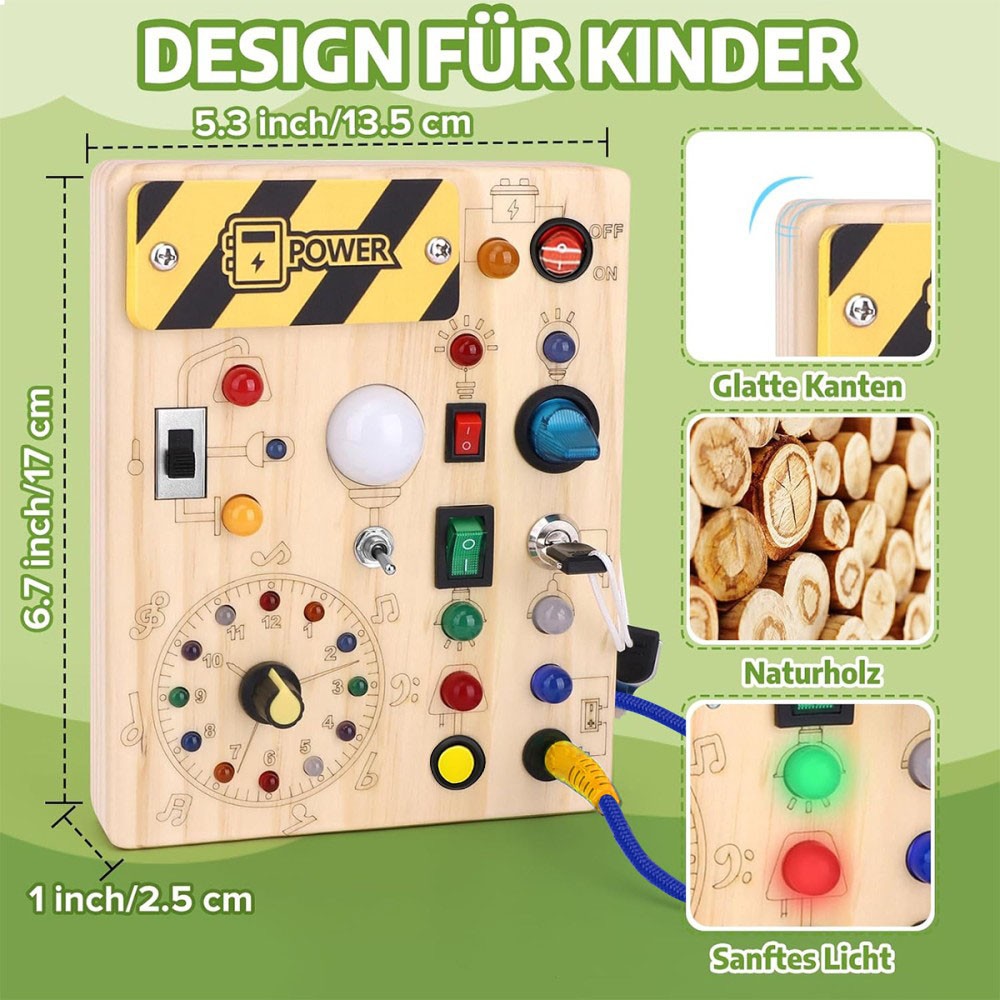 Colorful Montessori wooden busy board for toddlers by CJ featuring sensory toys and fidget activities to promote fine motor skills.