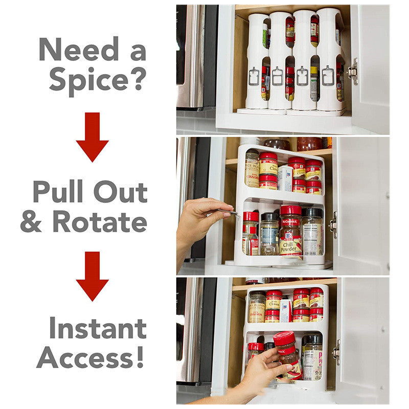 CJ kitchen double-tier spice rack with rotating shelves holding spice bottles in a modern kitchen cabinet.