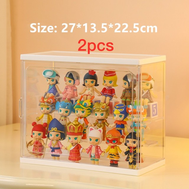 Clear acrylic blind box showcase display case for garage kits, ideal for organizing and displaying collectible figures.