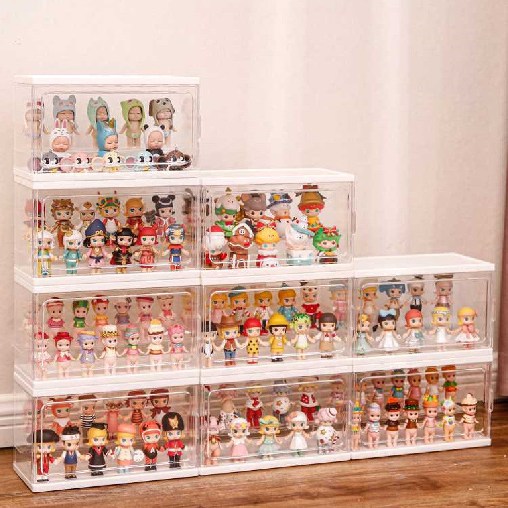 Acrylic blind box showcase display case by CJ, designed for garage kit figures, with clear panels and secure storage.