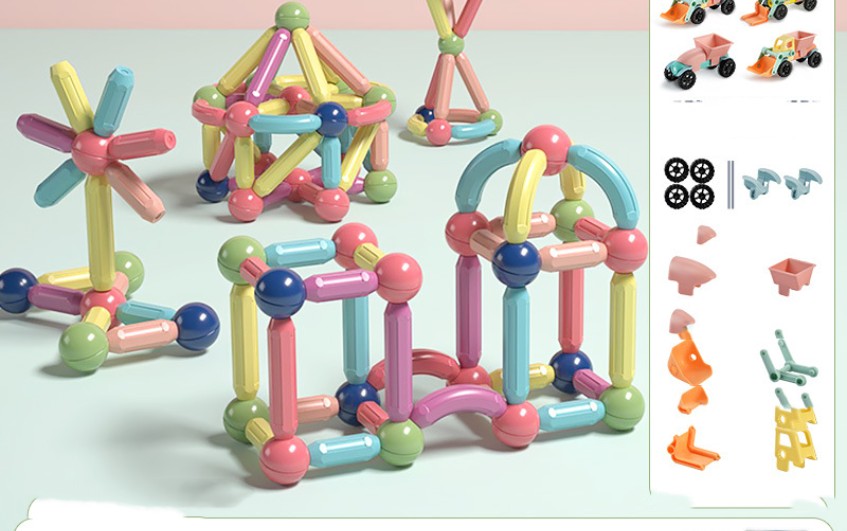 Colorful magnetic rod building blocks toys for children by CJ, assembled into various creative structures.