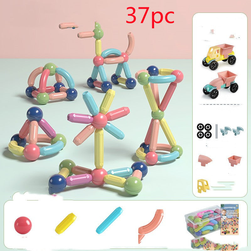 Magnetic rod children's building blocks toy by CJ, assembled with colorful magnetic rods and connectors for creative play.