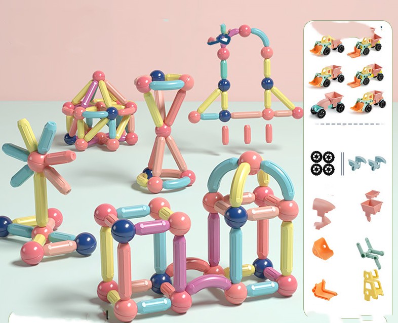Children's magnetic building blocks toy by CJ, featuring colorful assembled rod pieces for creative construction and play.
