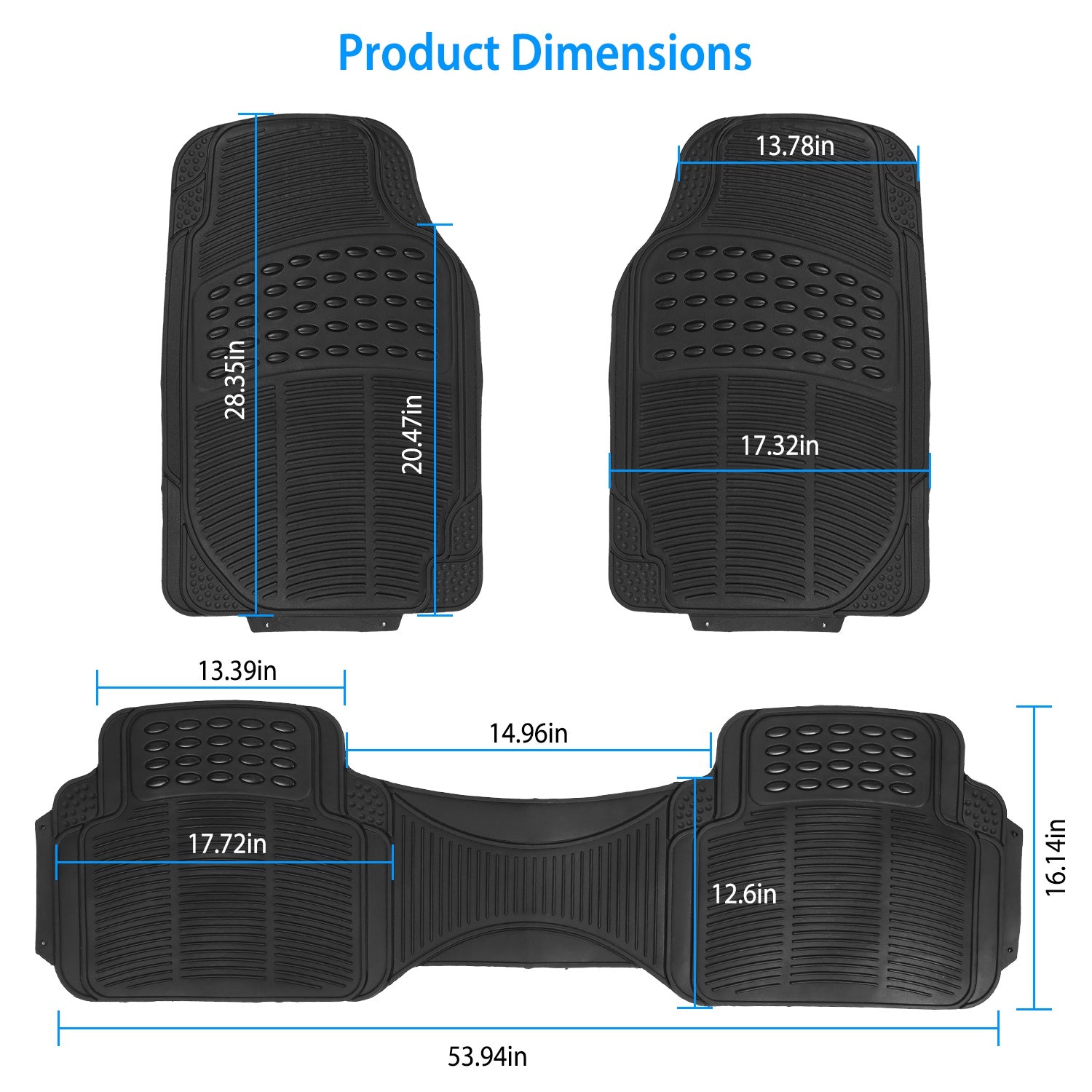 Set of three PVC rubber automotive floor mats for front and rear, heavy-duty car mats with trimmable design for most cars and SUVs.