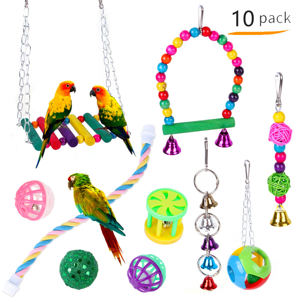 Colorful personalized pet bird toy suit by CJ, designed for bird enrichment and play with vibrant materials.