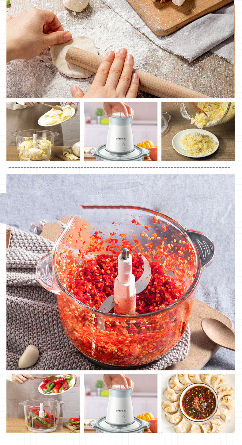 CJ household electric multi-function vegetable chopper and blender for cooking, compact design with stainless steel blades.