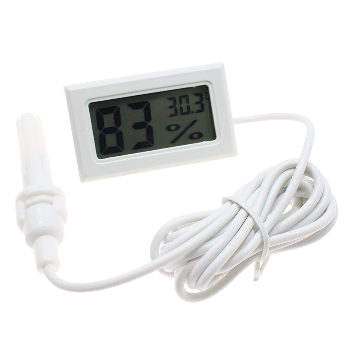 CJ embedded digital thermometer and hygrometer with probe showing temperature and humidity readings on a display screen.