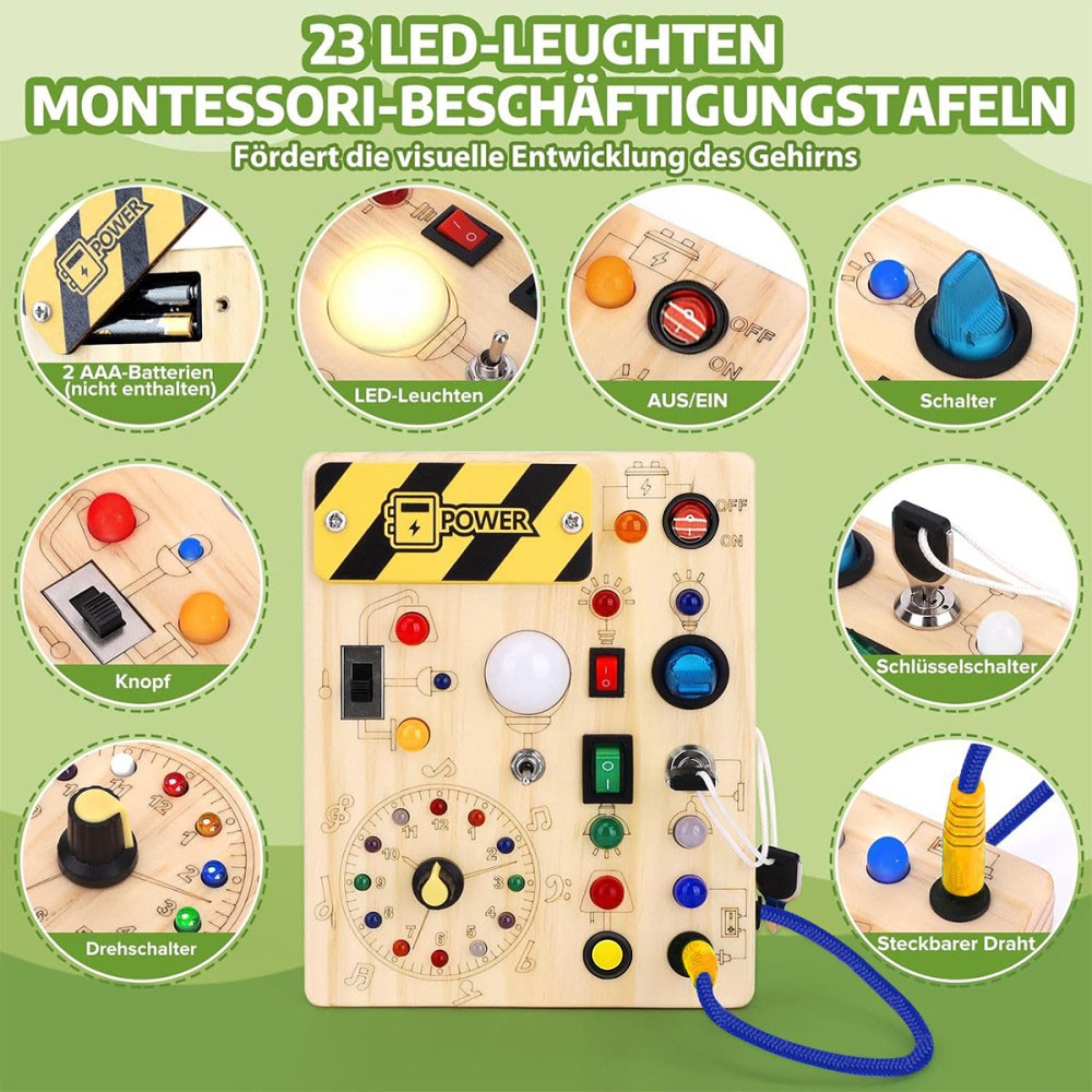 CJ Montessori wooden busy board for toddlers with sensory and fidget activities, featuring colorful buttons, latches, and textured elements.