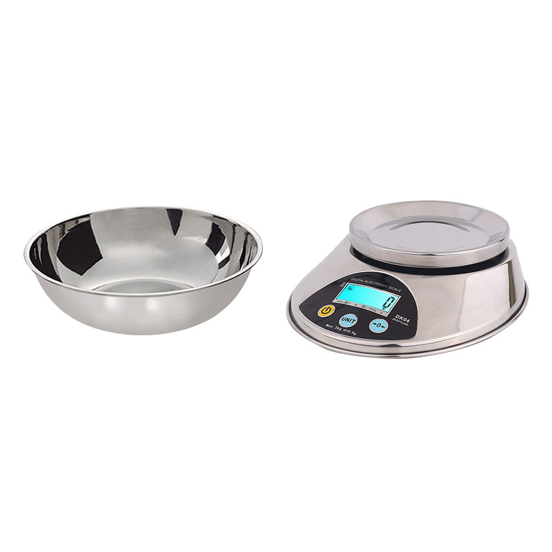 CJ stainless steel electronic kitchen scale with digital display, compact design, and precise measurement for cooking and baking.