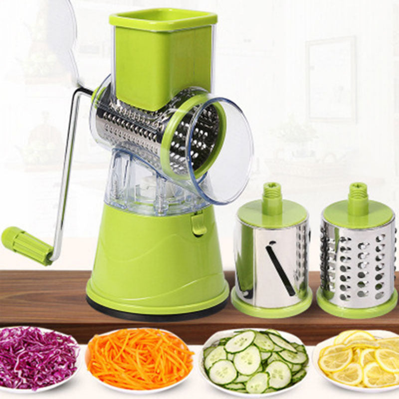 CJ Factory multi-function hand-cranked vegetable cutter with stainless steel blades and ergonomic handle, ready for slicing and dicing vegetables.