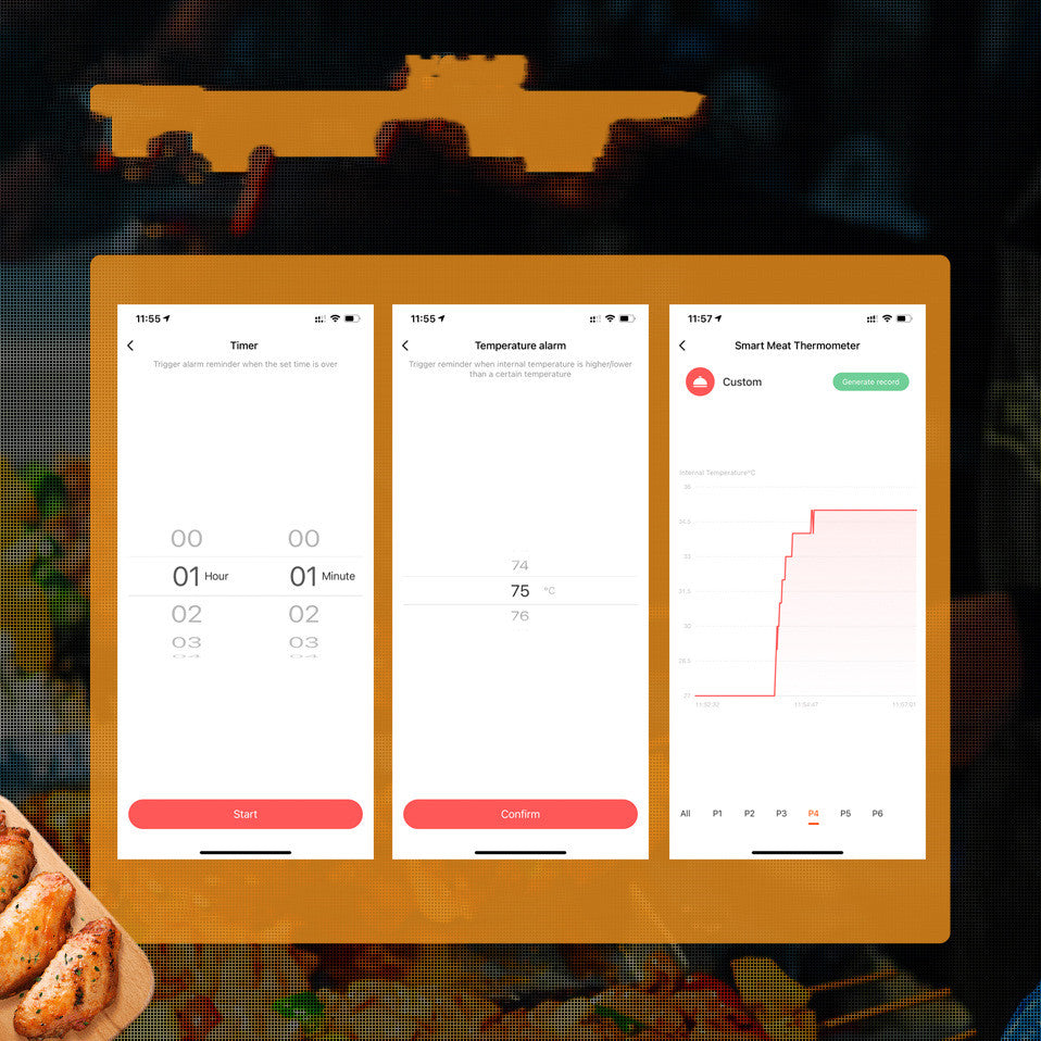 CJ Smart Barbecue Meat Thermometer phone app showcasing a digital meat temperature display on a smartphone screen.