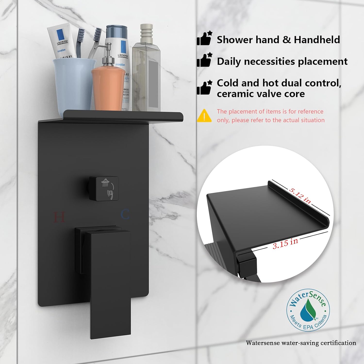 CJ rainwater shower system with storage rack, featuring a modern shower head and built-in shelf for bathroom organization.