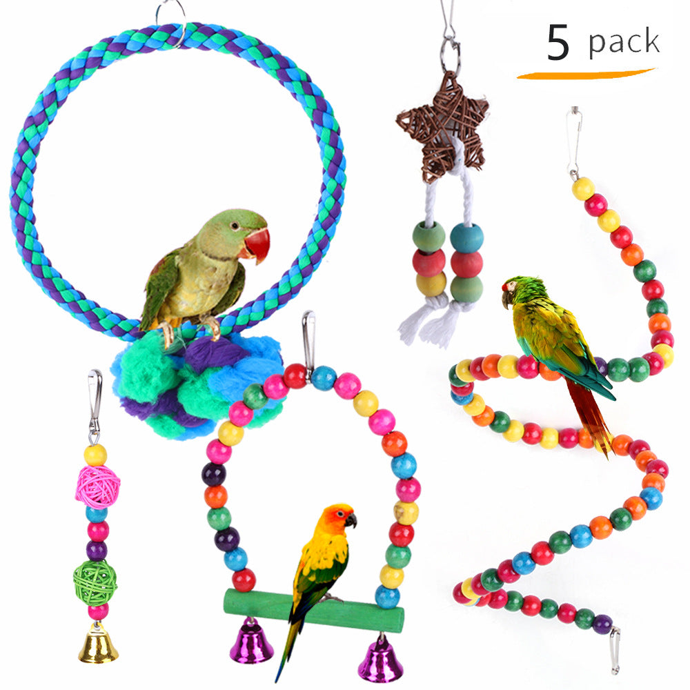 Colorful custom pet bird toy suit with personalized design, featuring feathers and playful elements for small birds by CJ.