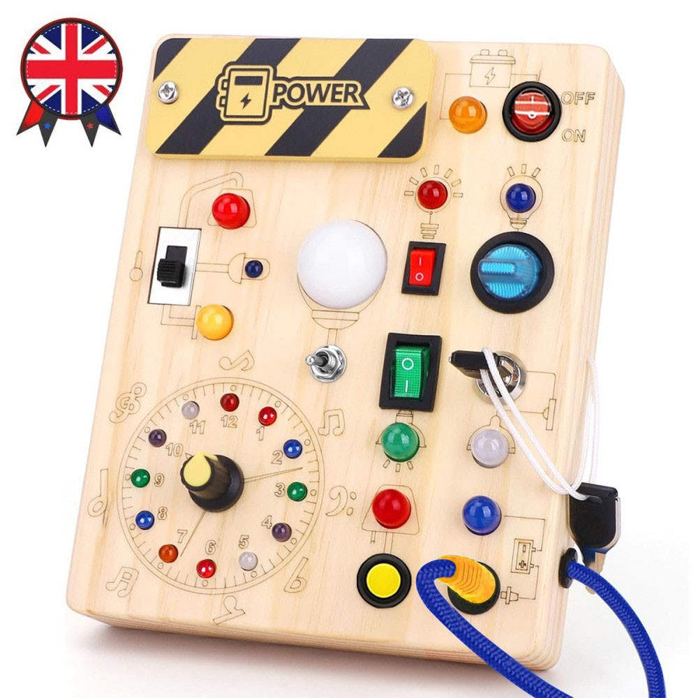 CJ Montessori wooden busy board for toddlers, sensory activity and fidget toy with various interactive elements on a natural wooden surface.