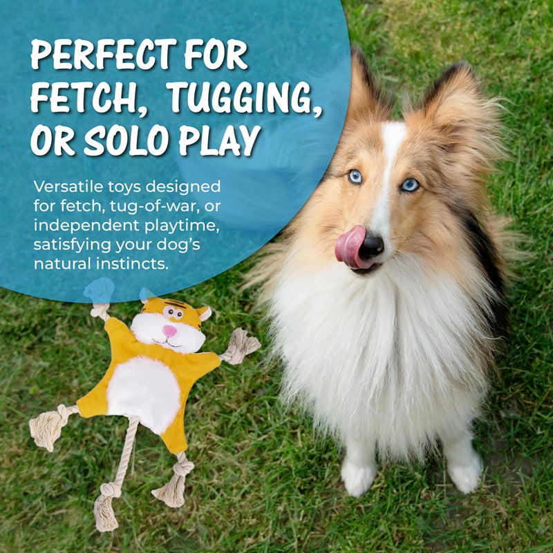 CJ plush dog toys featuring squeaky fox and squirrel animal shapes, perfect for chewing and play for dogs and cats.
