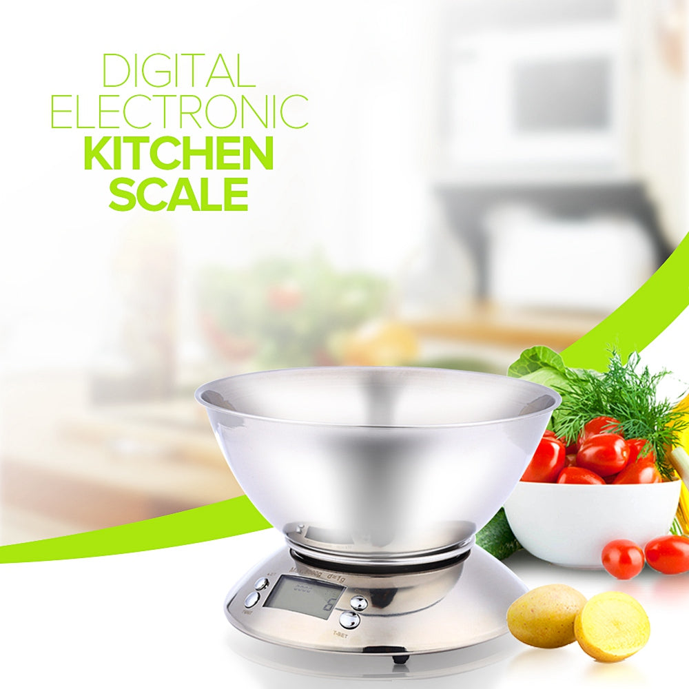 CJ stainless steel kitchen scale with digital display and sleek design for precise weight measurement.