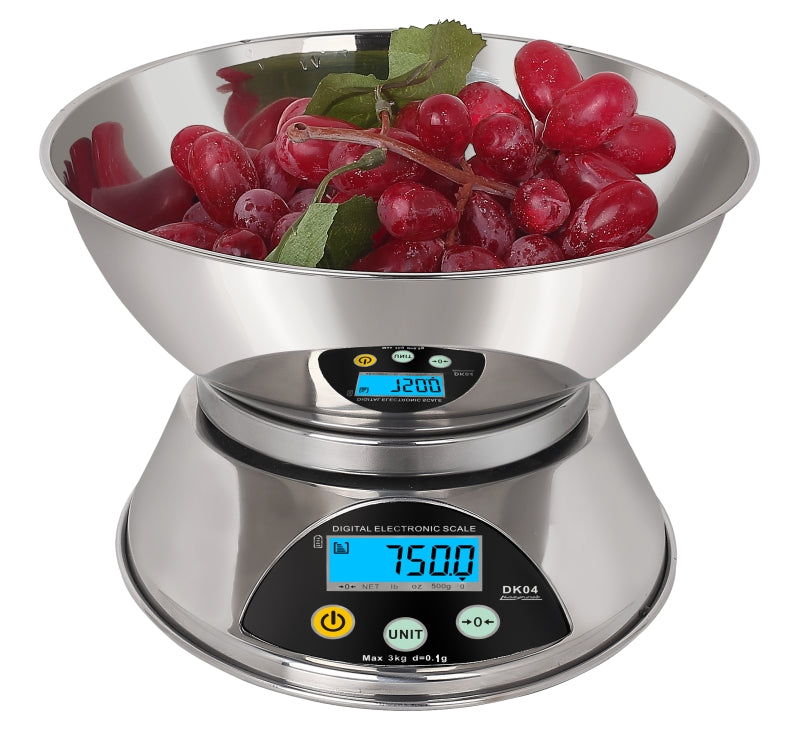CJ stainless steel electronic kitchen scale showing a digital display and a weighing platform for precise measurements