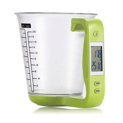CJ electronic measuring cup and kitchen scale with digital display, multifunctional design for precise meal and ingredient measurement.