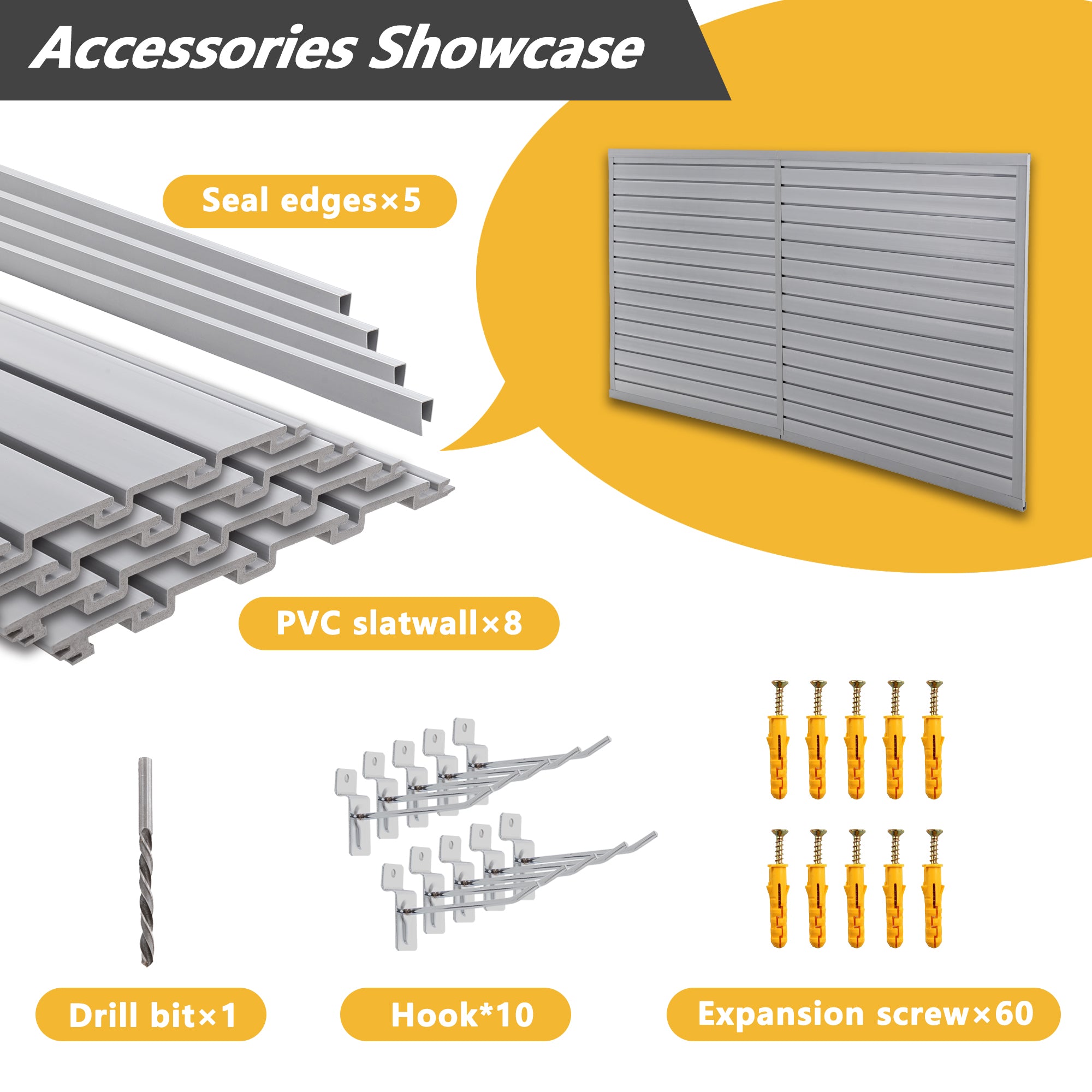 Heavy duty PVC slatwall garage organizer with 10 panels in charcoal gray, wall-mounted tool rack system, industrial strength storage.