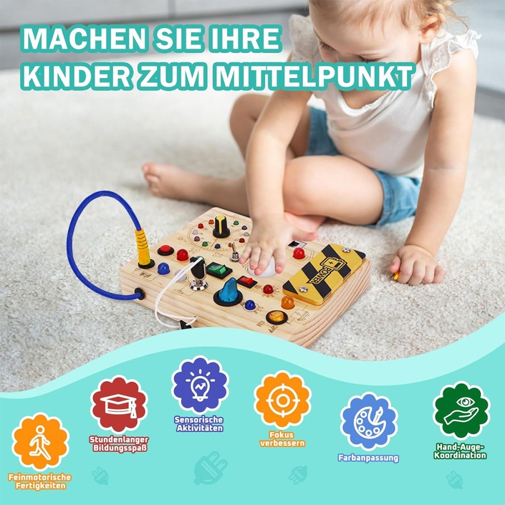 CJ Montessori wooden busy board for toddlers with sensory and fidget activities, featuring colorful educational wooden toys.