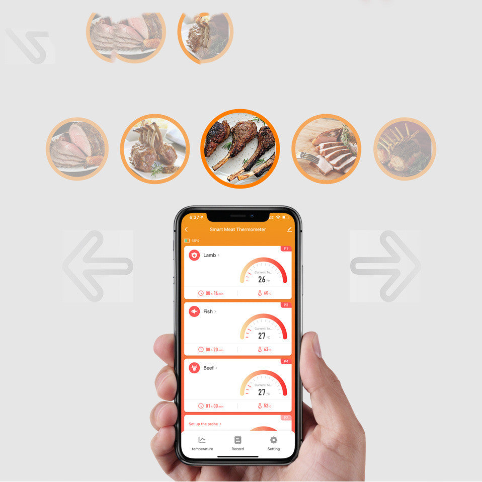 CJ Smart Barbecue Meat Thermometer phone app displays digital temperature readings for grilling and smoking meat.