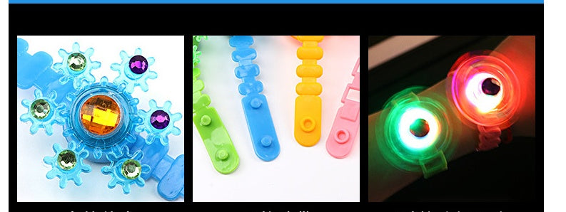 Luminous LED fidget spinner with glow-in-the-dark light, wrist bracelet, and stress relief design by CJ, held in hand.