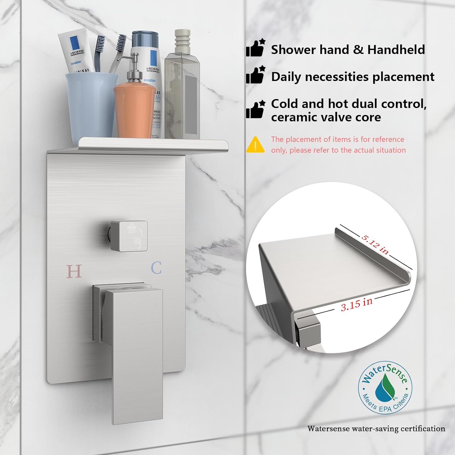 CJ rainwater shower system with storage rack, featuring multiple shower heads and a sleek, modern design.
