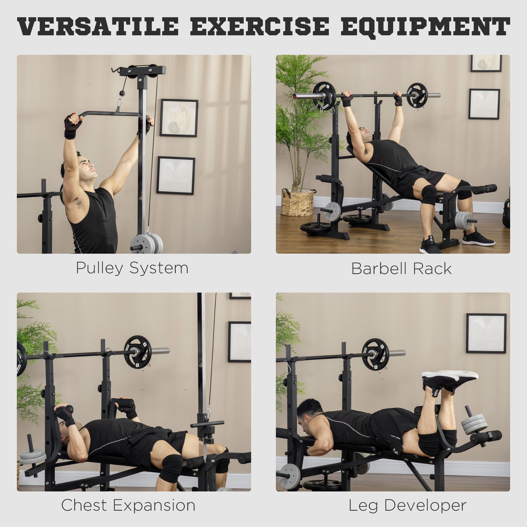 CJ adjustable weight bench with pulley system, incline press, squat rack, leg developer, butterfly, and weight storage for home gym use.