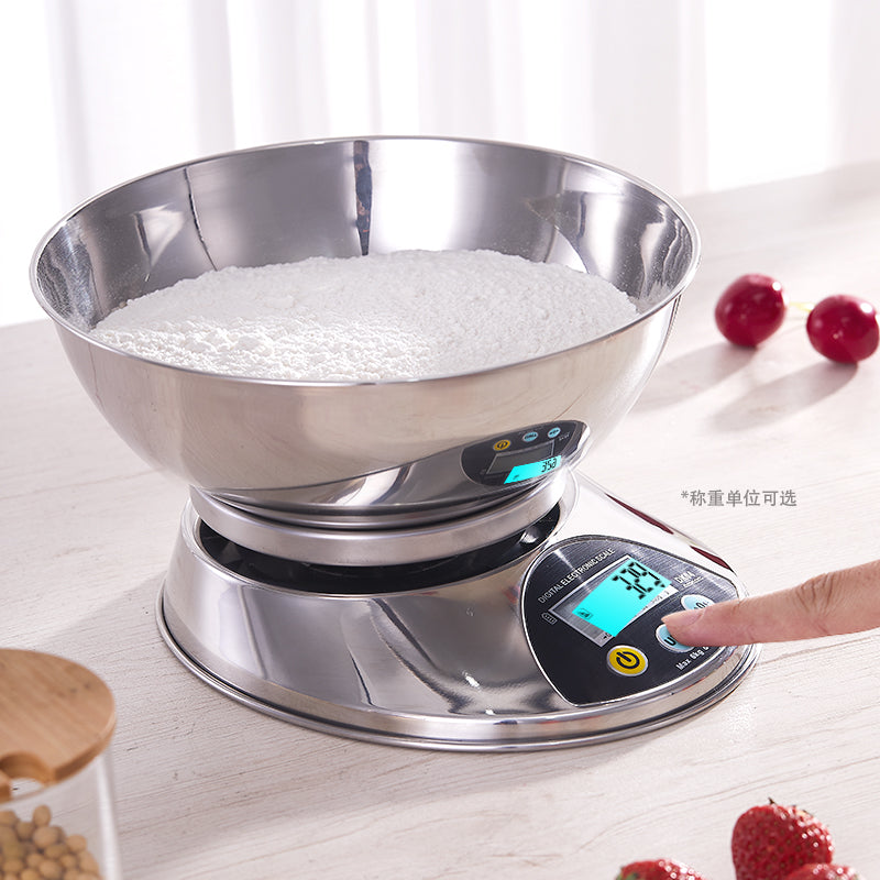 CJ stainless steel electronic kitchen scale with digital display, compact design, and stainless steel surface for precise weight measurement.