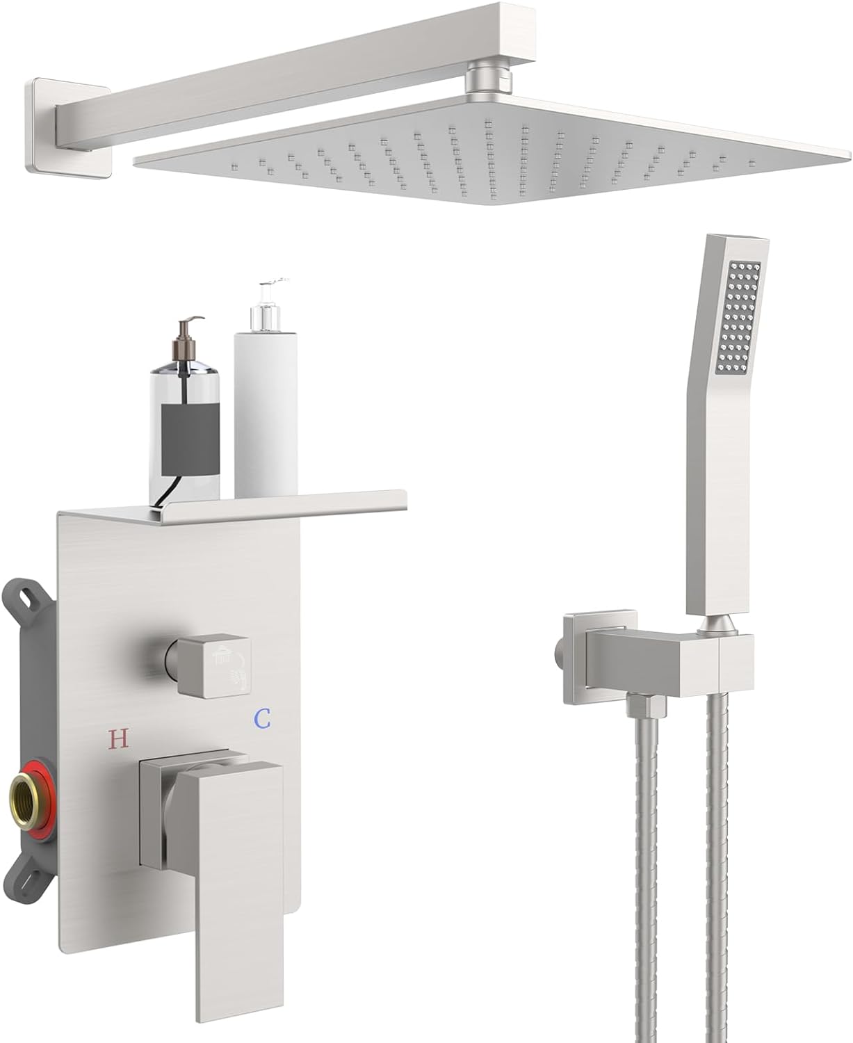 CJ rainwater shower system with storage rack, modern outdoor shower with built-in shelf for convenience.