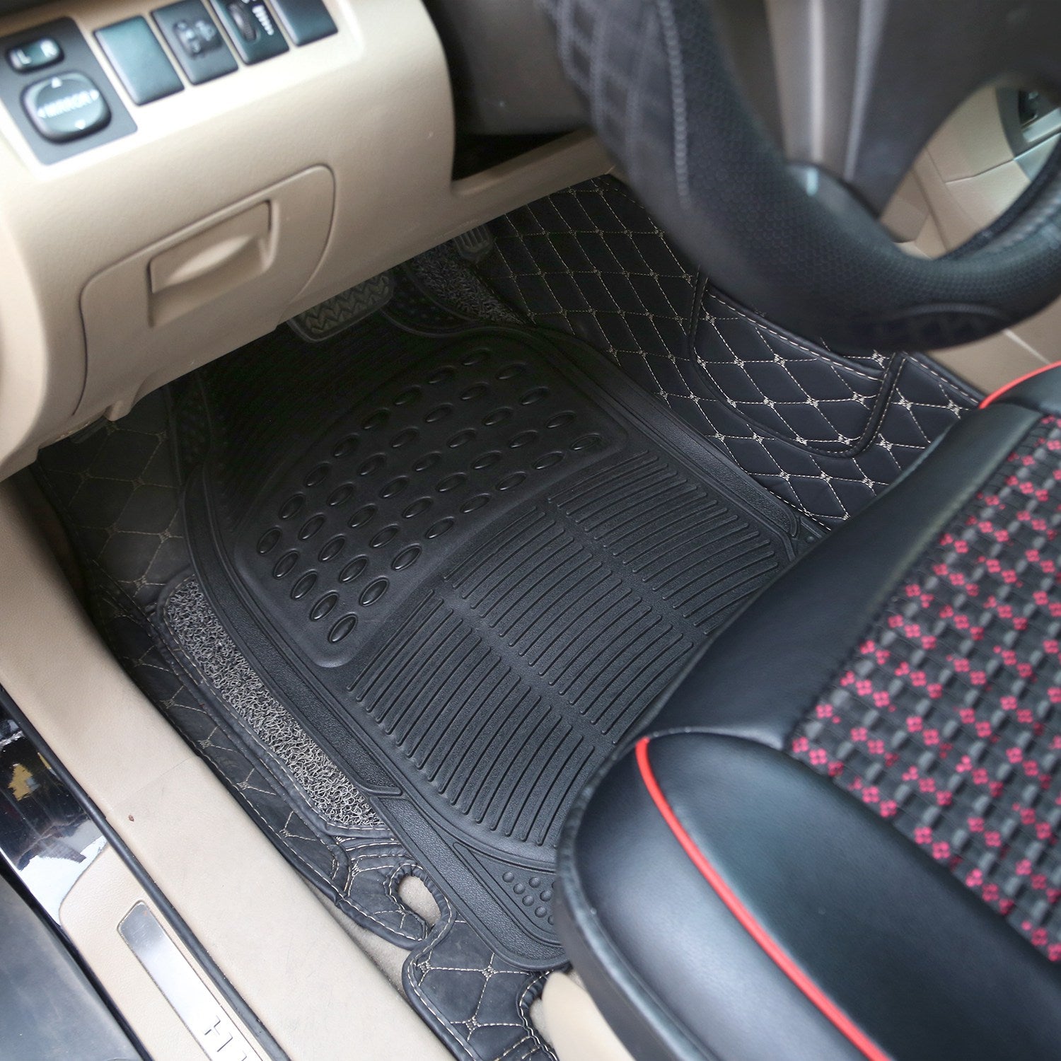 Set of three CJ automotive floor mats for front and rear, heavy-duty PVC rubber car mats with trimmable design for most vehicles.