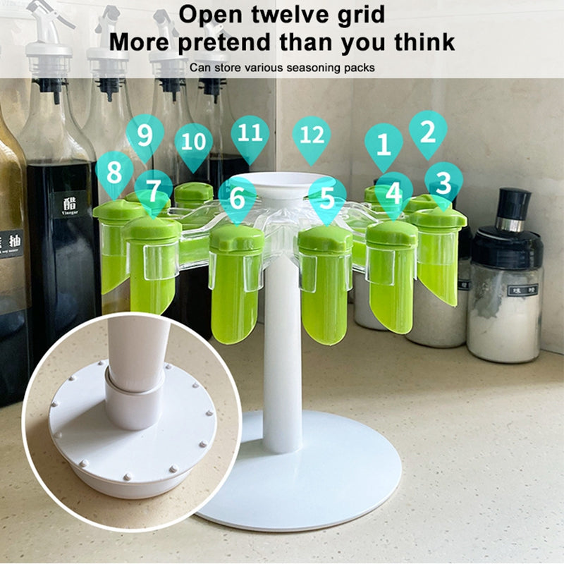 CJ rotary rack kitchen spice bag storage rack with multiple spice jars on a countertop for organized spice storage